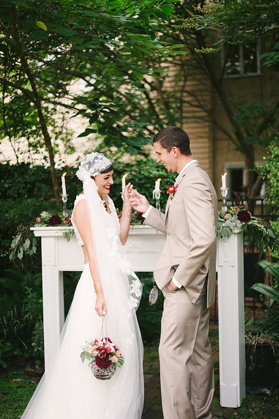 Romantic outdoor wedding ceremony of a happy couple