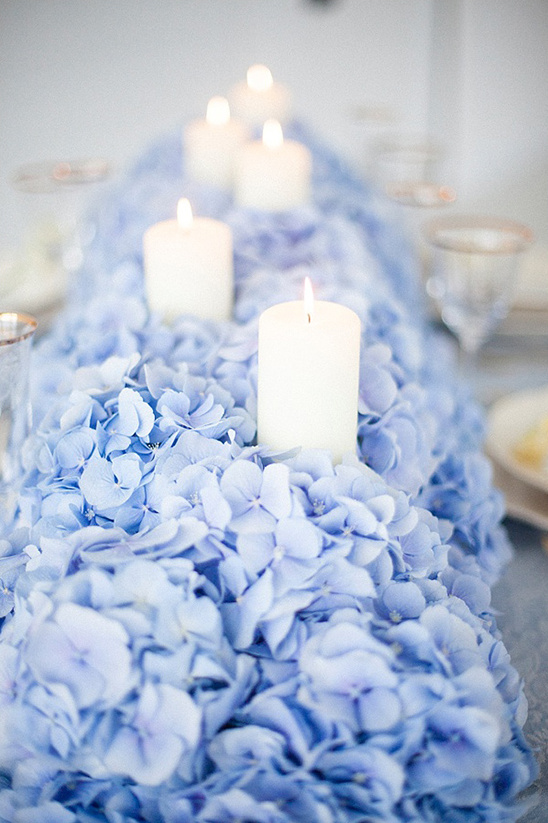 blue hydrangea table runner with candles @weddingchicks