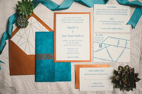 copper and blue wedding stationery @weddingchicks