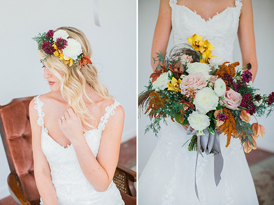 Elegant bride with floral crown and autumn bouquet