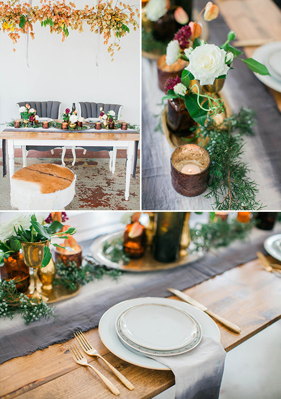 Rustic wedding table setting with floral centerpiece