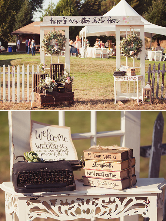 Wedding decor with happily ever after sign and vintage typewriter