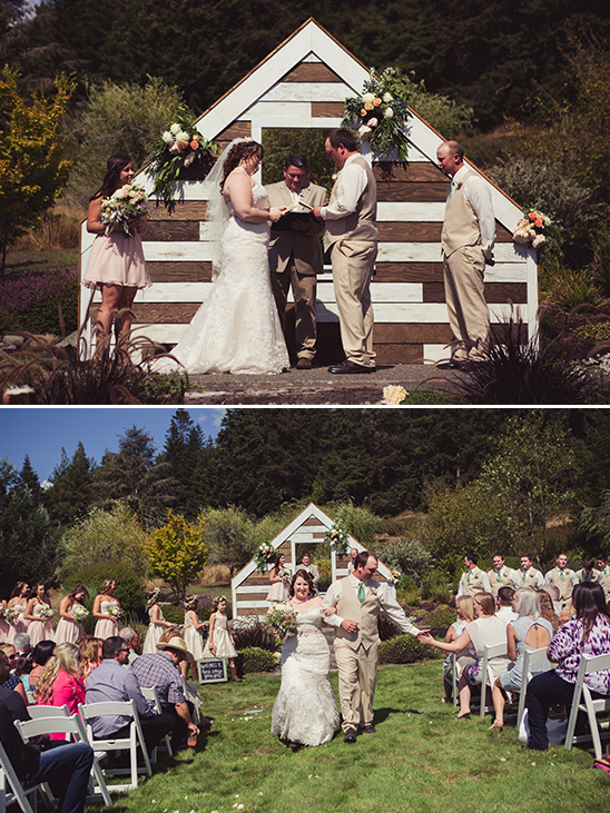 Wedding ceremony and celebration outdoors with bride and groom