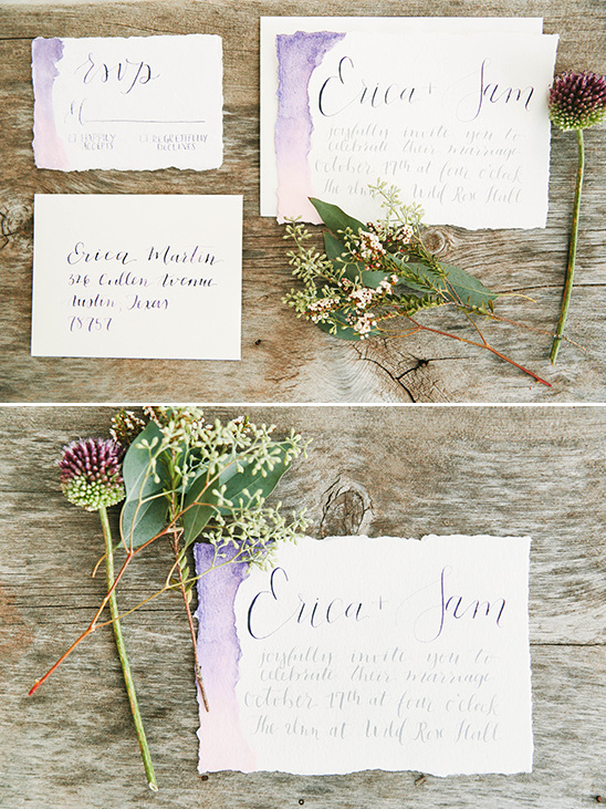 purple watercolor wedding invites @weddingchicks