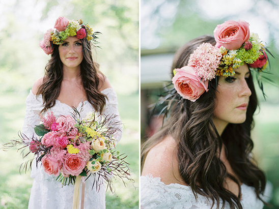 Beautiful bride with a flower crown and floral bouquet