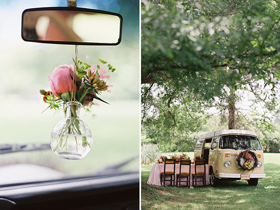 Boho chic van wedding decor with flowers and outdoor dining