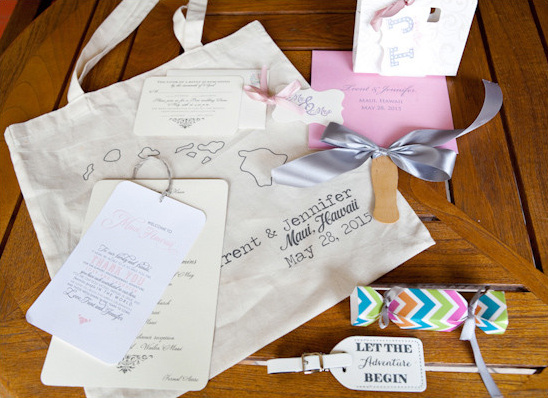 Maui Hawaii wedding welcome bags with invitations, gifts, and tags