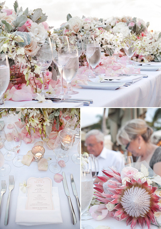 Elegant wedding table setting with pink and white floral decor