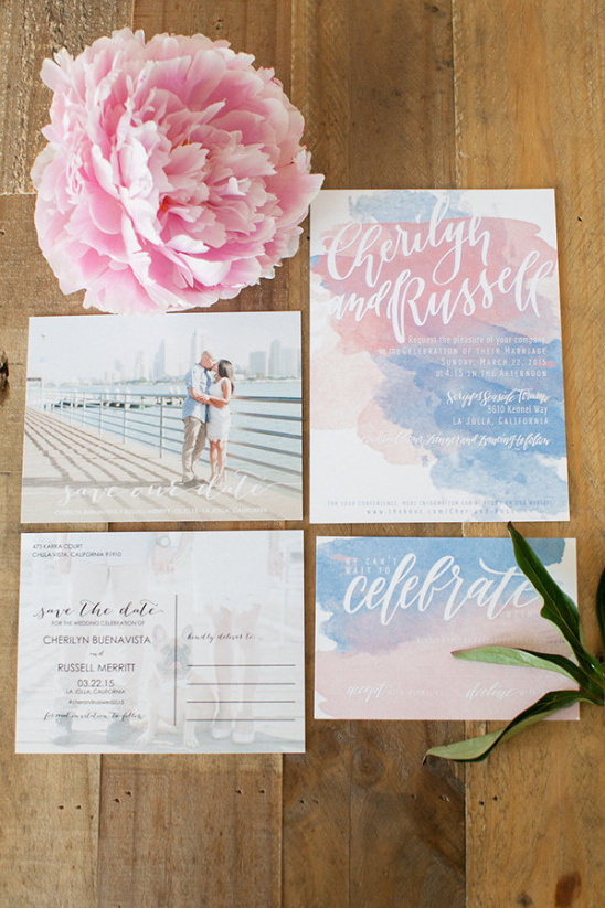 Watercolor wedding invitation suite with peony flower