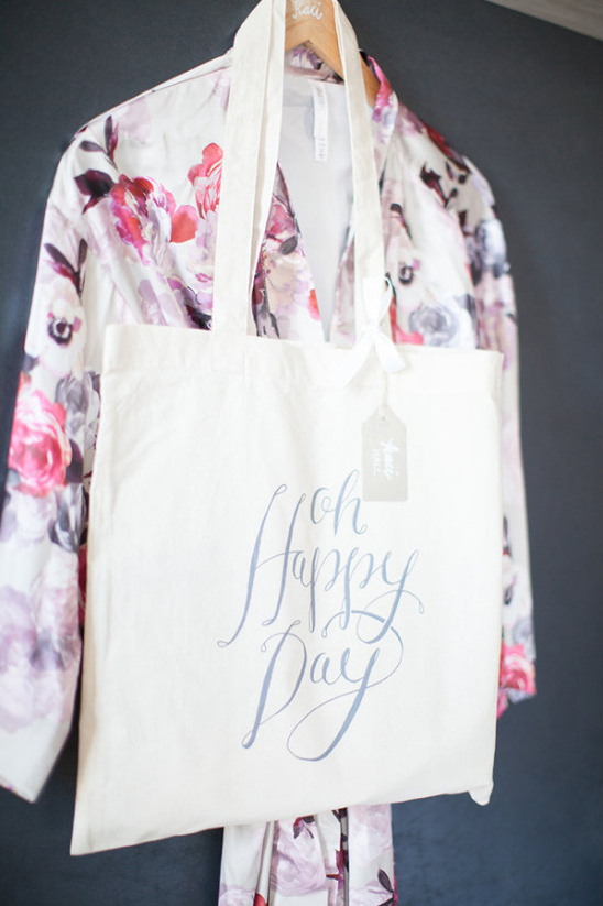 Floral robe with Oh Happy Day tote bag hanging behind