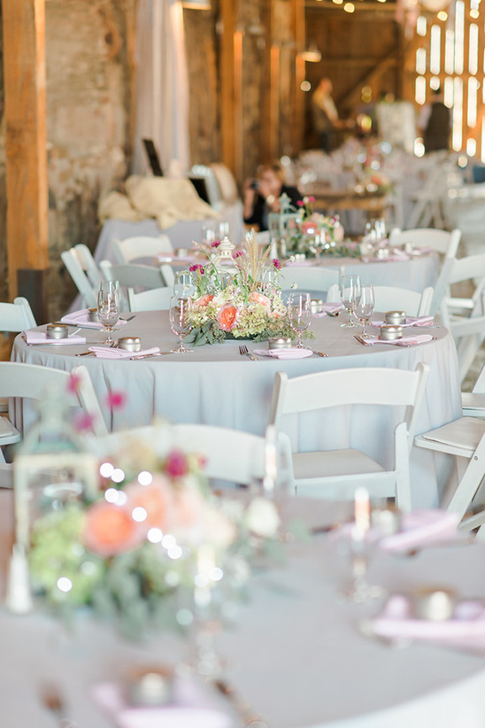 Elegant wedding reception tables decorated with flowers and candles