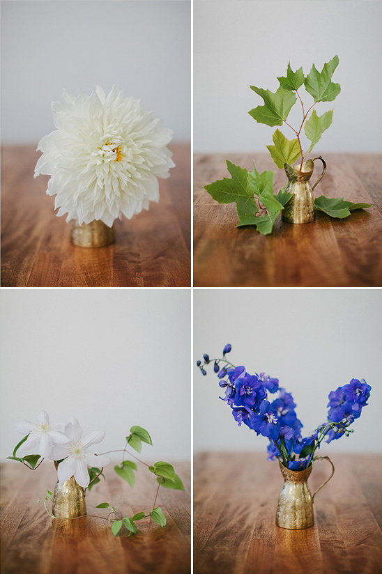 Four lovely flower arrangements in vintage golden pitchers
