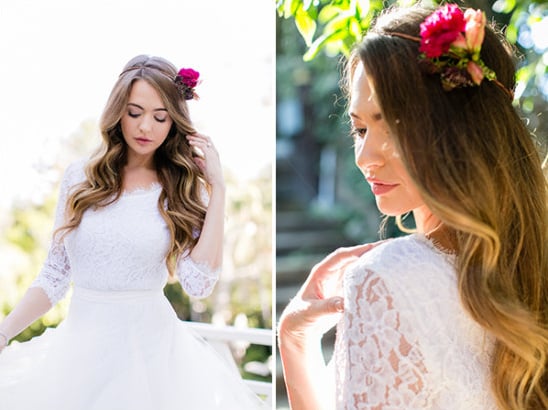 lace wedding dress and floral crown @weddingchicks