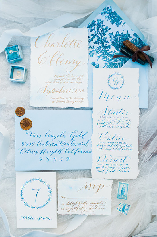 white blue and gold wedding stationery @weddingchicks