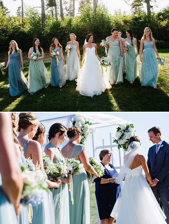 shades of blue Joanna August bridesmaid dresses from @brideside
