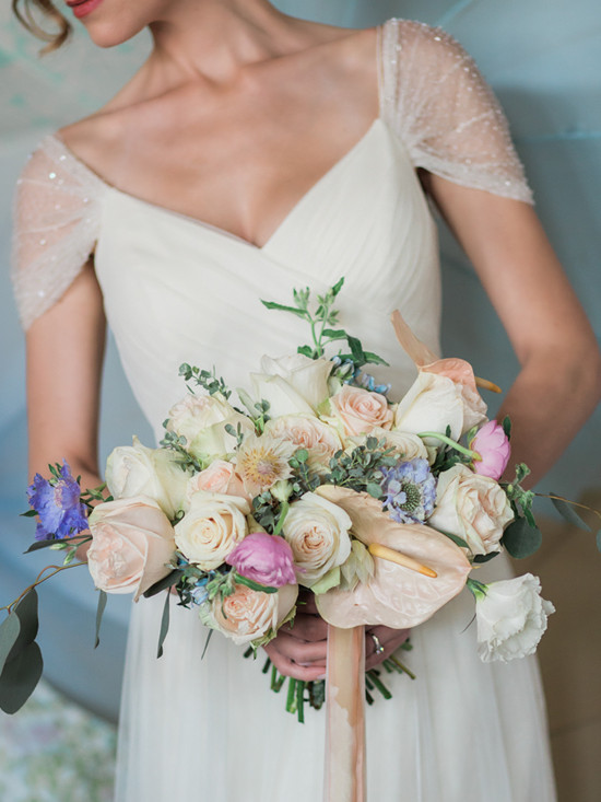 romantic white, lavendar and peach wedding bouquet from @butterandbloom