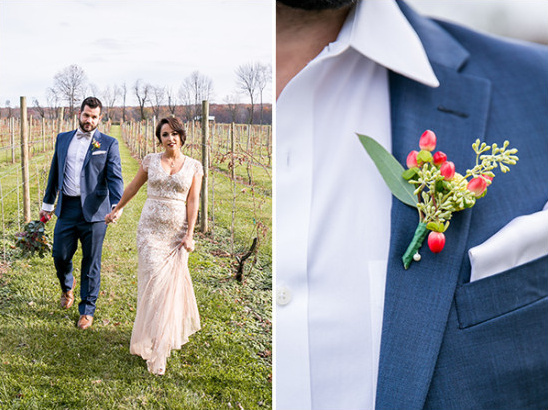 Bride and groom holding hands in a vineyard wedding