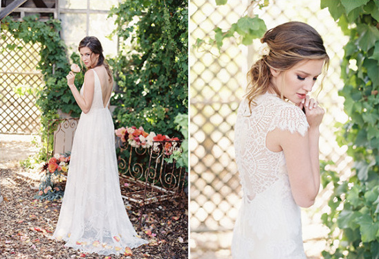 Gorgeous bride wears elegant lace dress for garden wedding