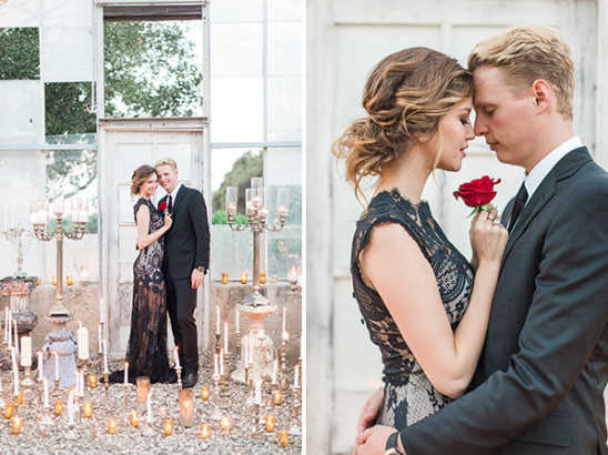 Elegant couple with red rose in candle light setting
