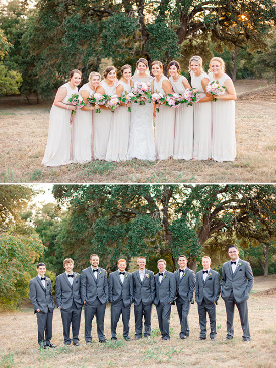 Bride bridesmaids and groomsmen at outdoor wedding
