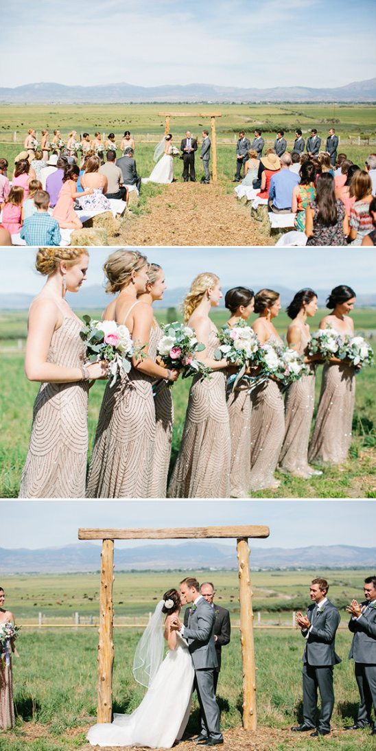 Outdoor wedding with bridal party and mountain views