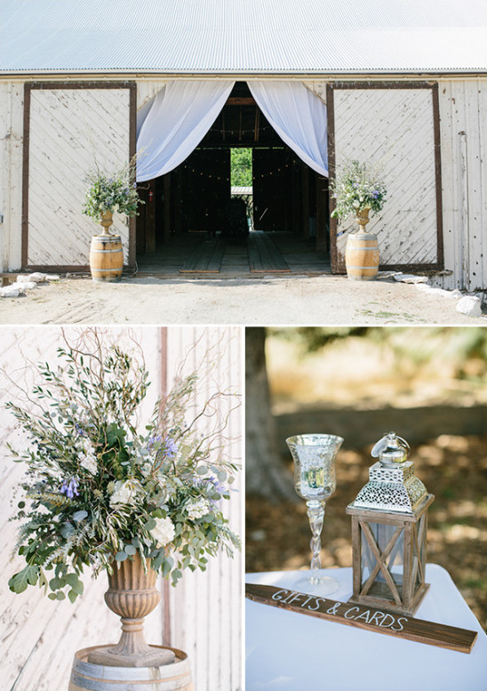 Rustic barn wedding venue with floral arrangements
