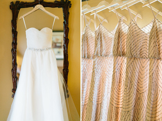 Wedding gown and beaded bridesmaid dresses hanging