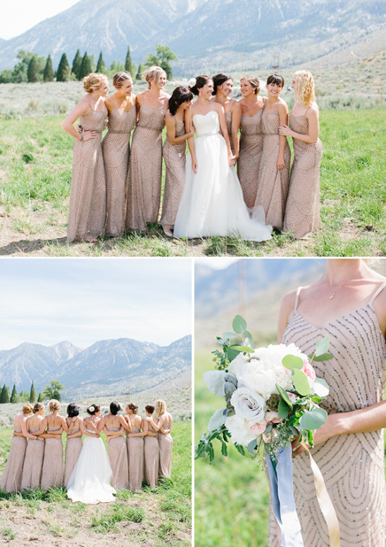 Bride and bridesmaids in champagne dresses mountains background