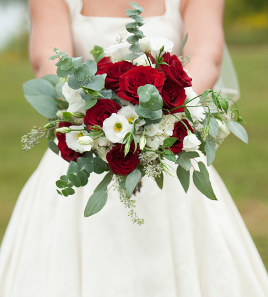 Bride holds red and white rose wedding bouquet