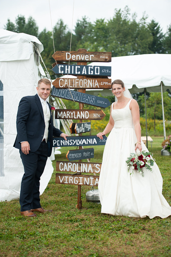 Bride and groom at destination wedding signpost