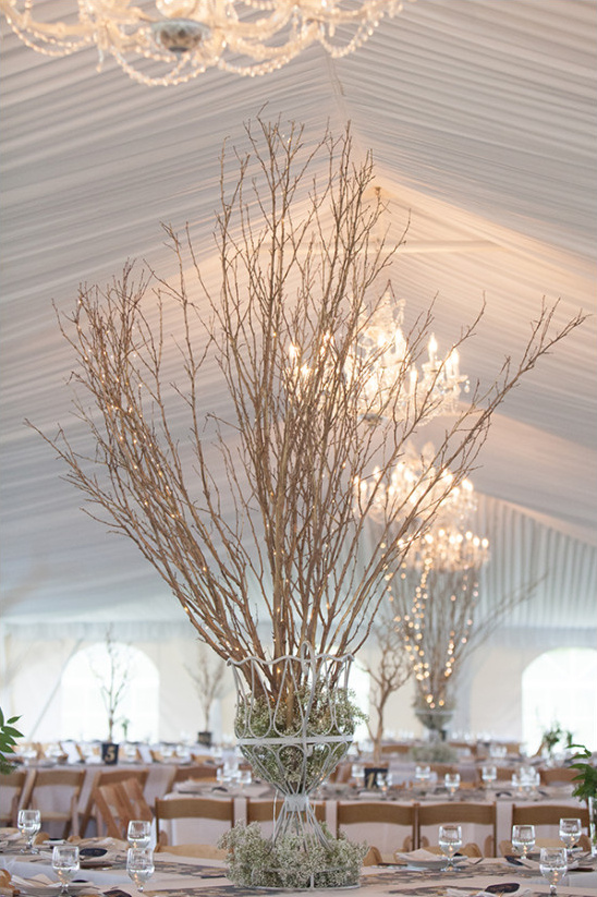 Elegant tree branch centerpiece at wedding reception
