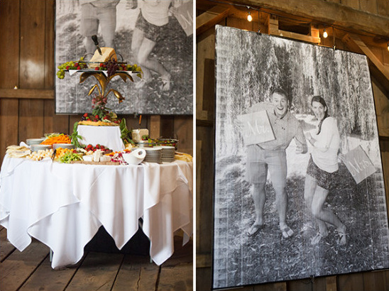 Wedding buffet and couple photos in barn setting