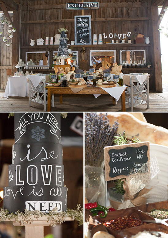 Rustic wedding food display with cake and bread station