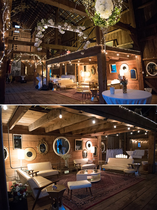 Barn wedding venue with vintage furniture and string lights