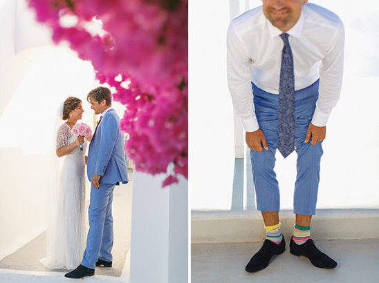 Wedding couple with groom adjusting his pants and socks