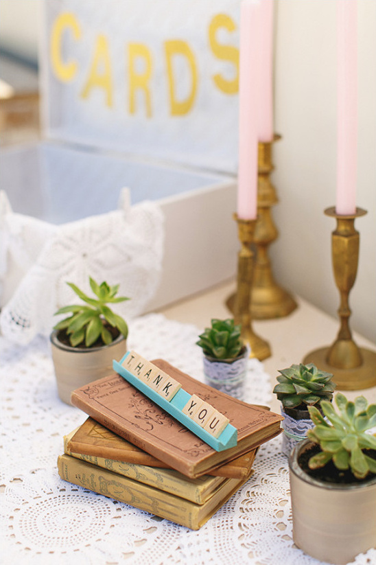 Vintage wedding decor with Thank You scrabble tiles