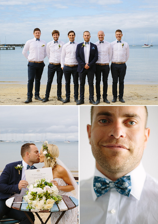 Beach wedding party groomsmen and newly weds bow ties