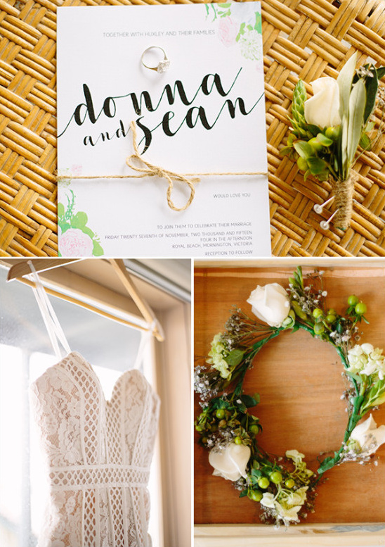Donna and Seans wedding invitation with dress and florals