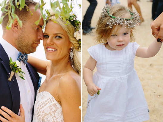 Bride groom and flower girl at a beach wedding ceremony