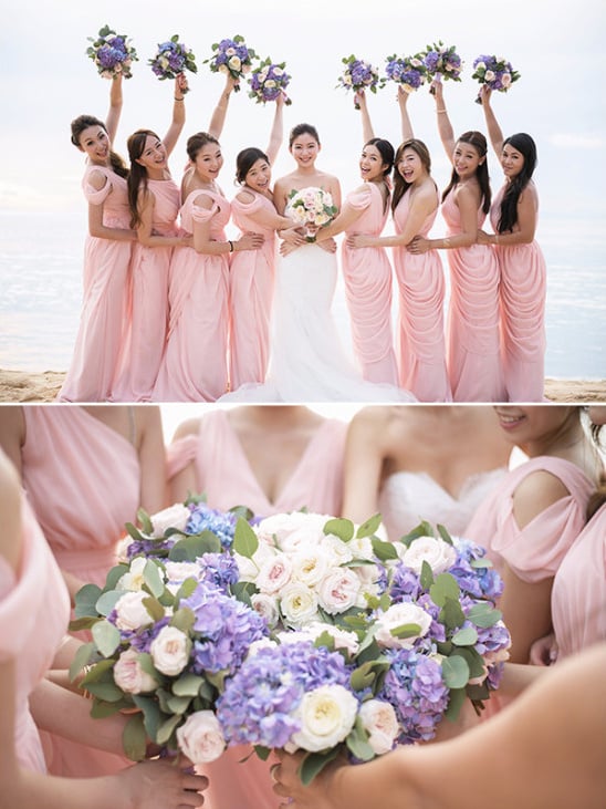 soft pink bridesmaid dresses with white and purple bouquets