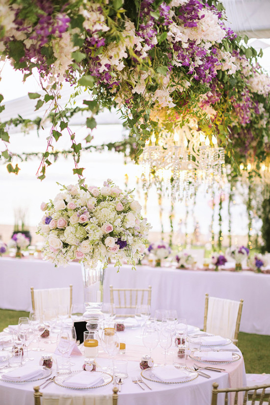 glamorous purple and white flower reception decor