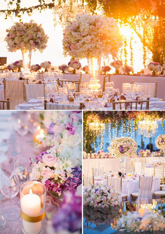 sunset over an elegant purple and white garden glam reception