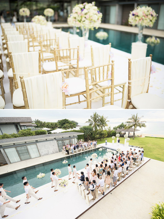 gold and white pool side glam wedding ceremony