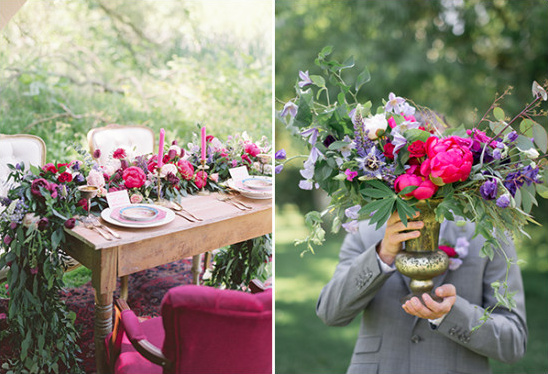 Vibrant pink and purple wedding flowers centerpiece