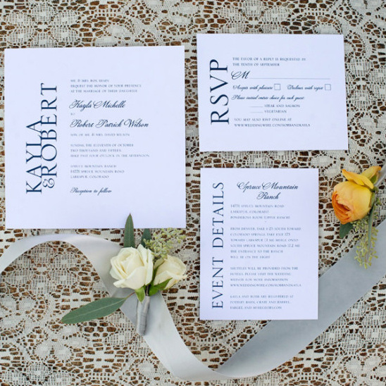 Elegant wedding invitation suite with RSVP and details