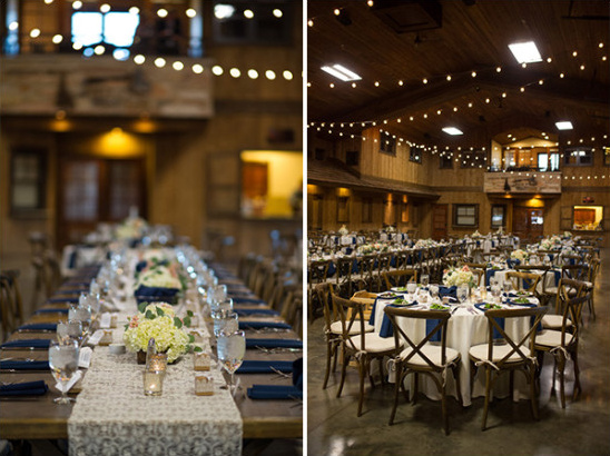 Barn wedding reception tables with lights and decorations