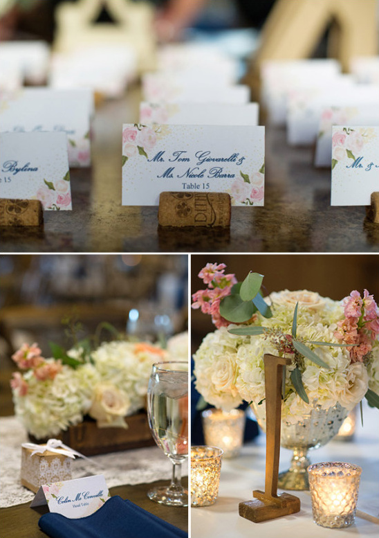Floral wedding table settings with escort cards