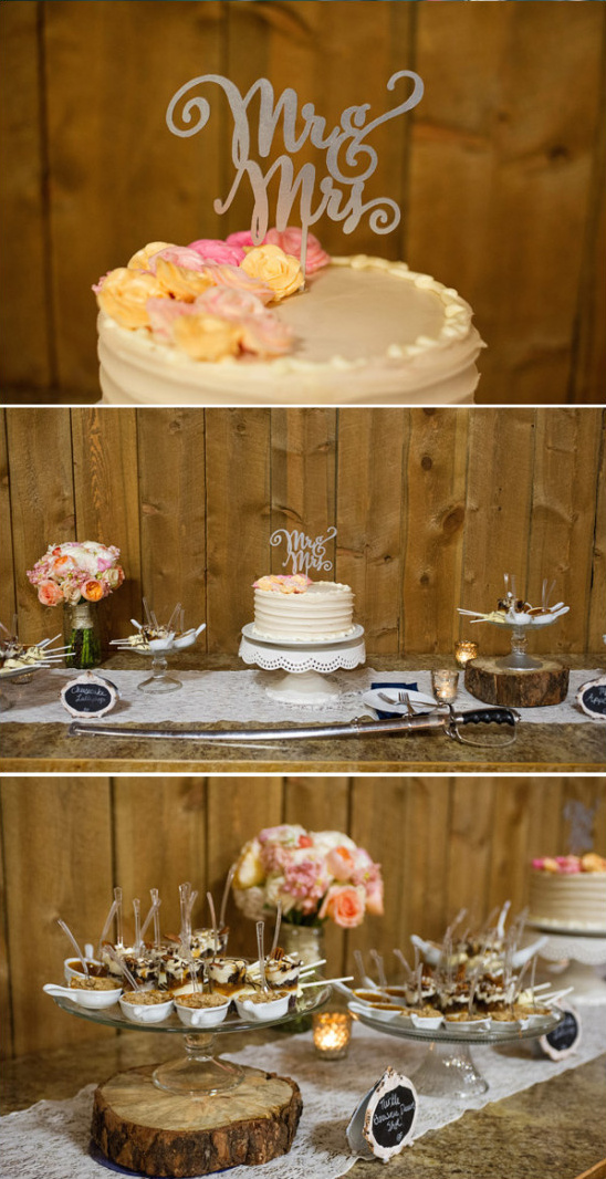 Wedding cake and desserts display with Mr and Mrs topper