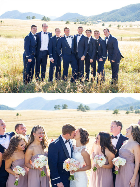 Groomsmen and bridesmaids smiling at wedding in mountains