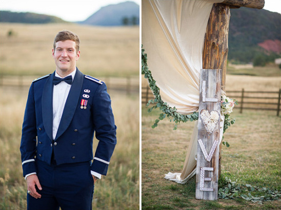 Groom in Air Force uniform at rustic wedding ceremony